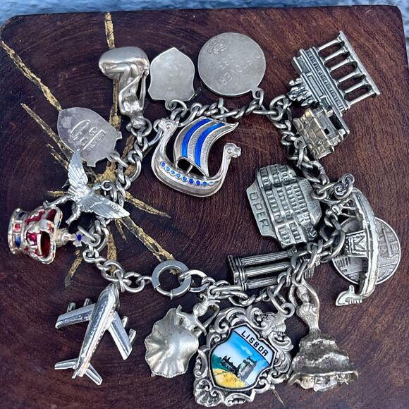 Vintage Charm Bracelet Sterling Silver European Vacation Jewelry 1950s charms - Picture 1 of 7
